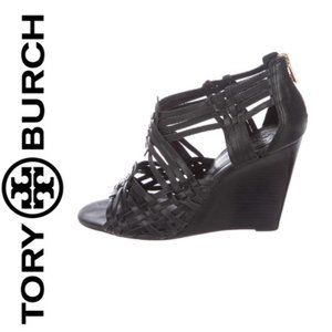 TORY BURCH BLACK WOVEN Criss Cross Leather Wedge GOLD Zipper Sandal! Size 8.5!